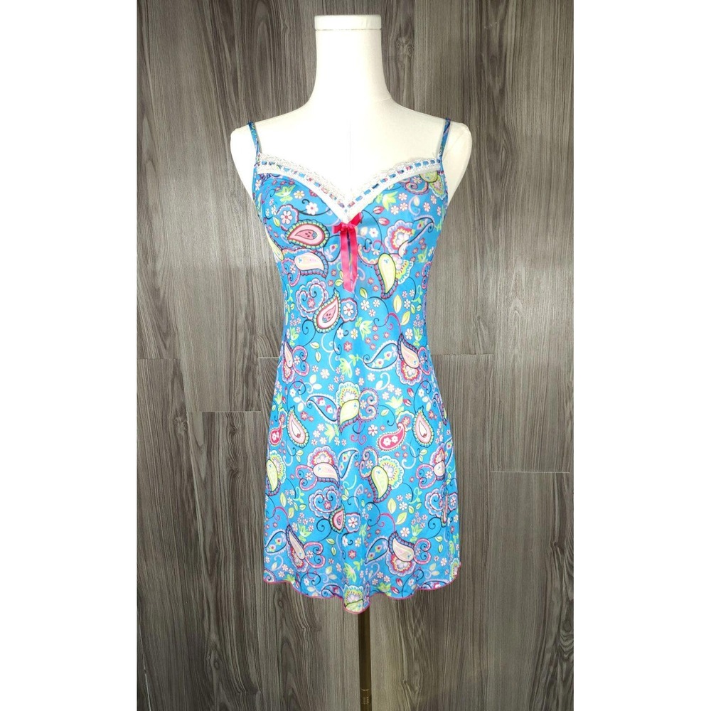 Victorias Secret Blue Paisley Floral Lace‎ Trim Chemise Nightgown Small